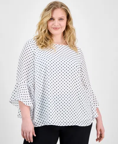 Kasper Plus Size Polka-dot Ruffle-sleeve Blouse In White,black