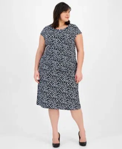 Kasper Plus Size Polka Dot Cowlneck Top Flared Midi Skirt In Black Multi