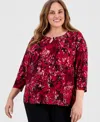 Kasper Plus Size Printed 3/4-sleeve Pleated-neck Top In Multi