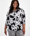 Kasper Plus Size Printed 3/4-sleeve Twist-neck Blouse In Black Multi