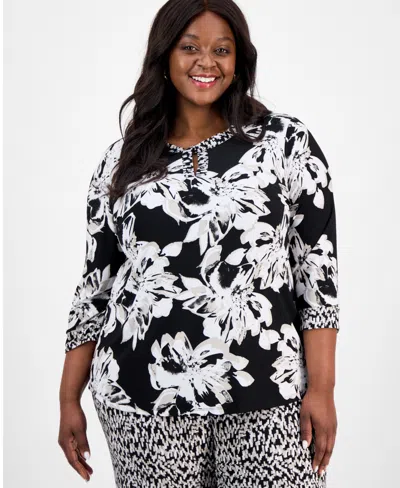 Kasper Plus Size Printed 3/4-sleeve Twist-neck Blouse In Black Multi