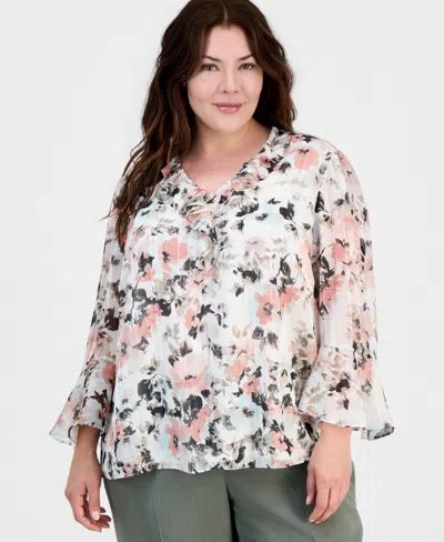 Kasper Plus Size Printed Bell-sleeve Blouse In Multi