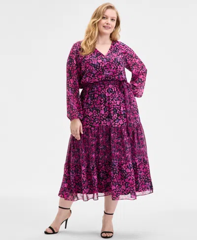 Kasper Plus Size Printed Blouson-sleeve Midi Dress