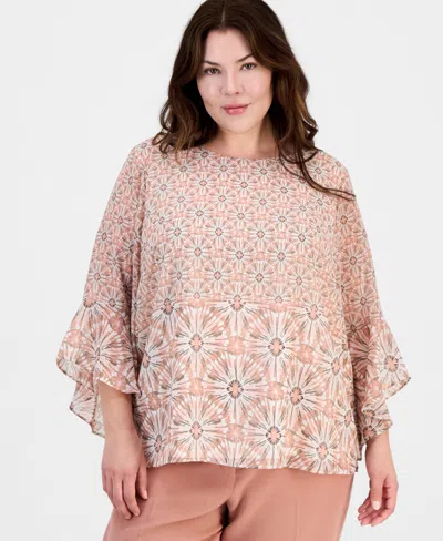 Kasper Plus Size Printed Boat Neck Ruffled-sleeve Top In Pink