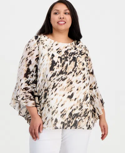 Kasper Plus Size Printed Boat-neck Ruffle-sleeve Blouse In Multi