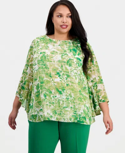 Kasper Plus Size Printed Boat-neck Ruffle-sleeve Blouse In Green