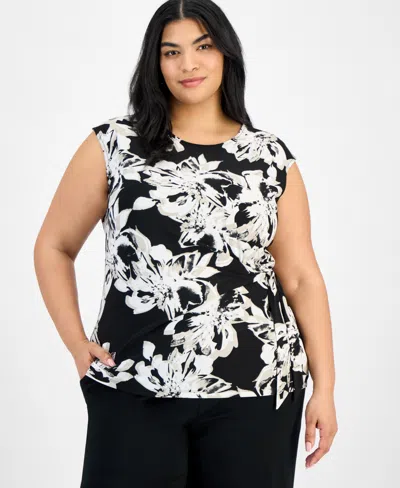 Kasper Plus Size Printed Cap-sleeve Blouse In Black Multi