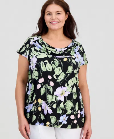 Kasper Plus Size Printed Cap-sleeve Cowl-neck Top In Multi