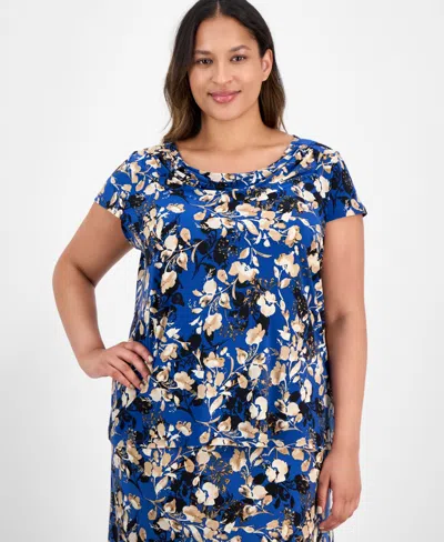 Kasper Plus Size Printed Cap-sleeve Cowlneck Blouse