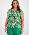 Kasper Plus Size Printed Cap-sleeve Top In Apple Green Multi