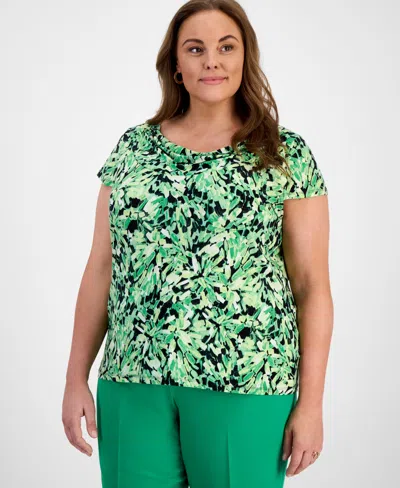 Kasper Plus Size Printed Cap-sleeve Top In Apple Green Multi