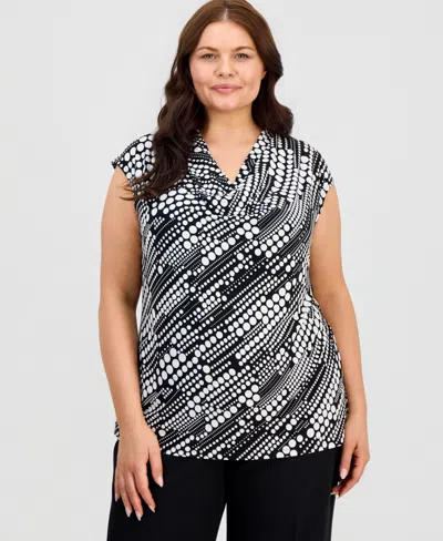 Kasper Plus Size Printed Cap-sleeve Cowl-neck Top In Black