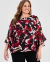 Kasper Plus Size Printed Chiffon Ruffled-sleeve Top In Multi