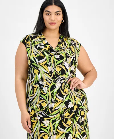 Kasper Plus Size Printed Cowlneck Blouse In Black Multi