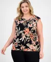Kasper Plus Size Printed Cowlneck Cap-sleeve Knit Top