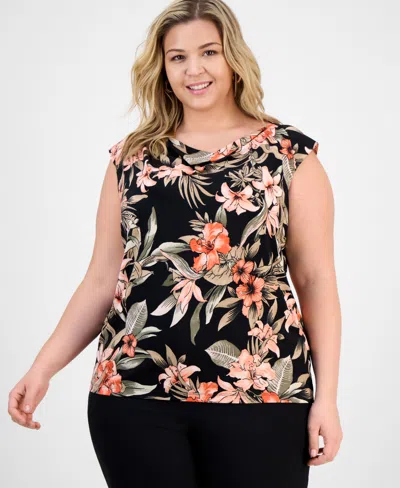 Kasper Plus Size Printed Cowlneck Cap-sleeve Knit Top