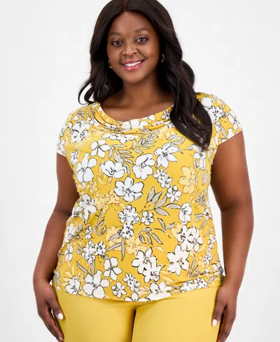 Kasper Plus Size Printed Cowlneck Cap-sleeve Top In Butterscotch Multi