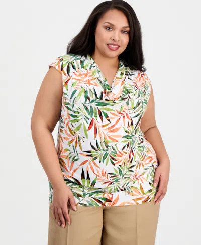 Kasper Plus Size Printed Cowl-neck Cap-sleeve Blouse In Multi