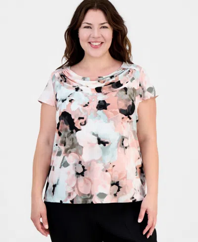 Kasper Plus Size Printed Cowlneck Cap-sleeve Top In Multi