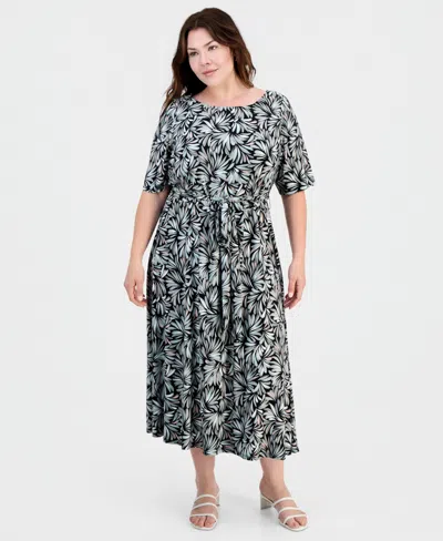 Kasper Plus Size Printed Elbow-sleeve Midi Dress In Black