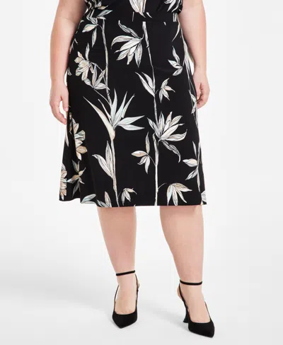 Kasper Plus Size Printed Flared Midi Skirt In Black Multi