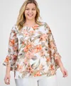 Kasper Plus Size Printed Flared-sleeve Blouse In Multi