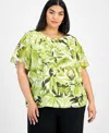Kasper Plus Size Printed Flutter-sleeve Blouse In Kiwi Multi