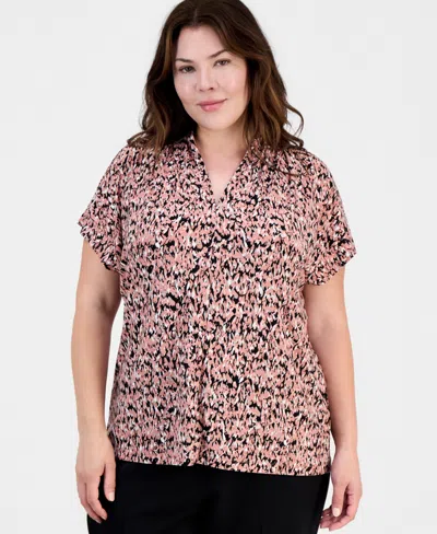 Kasper Plus Size Printed Gathered V-neck Top In Pink