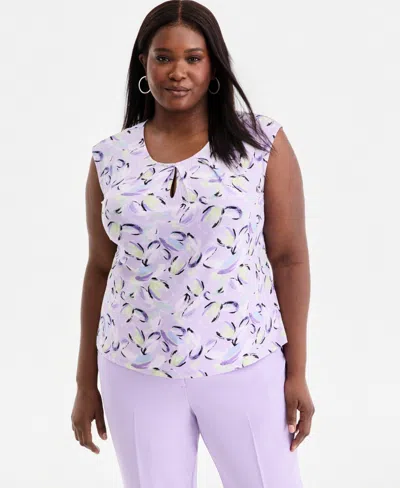 Kasper Plus Size Printed Keyhole-neck Sleeveless Top In Multi