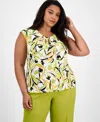Kasper Plus Size Printed Keyhole-neck Sleeveless Top In Lily White Multi