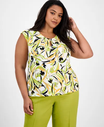 Kasper Plus Size Printed Keyhole-neck Sleeveless Top In Lily White Multi