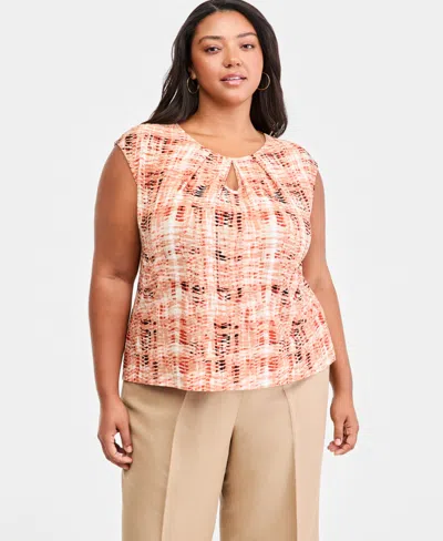Kasper Plus Size Printed Keyhole-neck Sleeveless Top In Pink