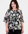 Kasper Plus Size Printed Knot-front Flutter-sleeve Top In Multi