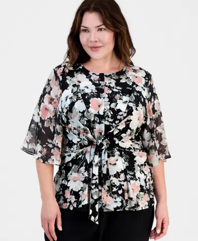 Kasper Plus Size Printed Knot-front Flutter-sleeve Top In Multi