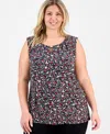 Kasper Plus Size Printed Pleat-neck Sleeveless Top In Multi