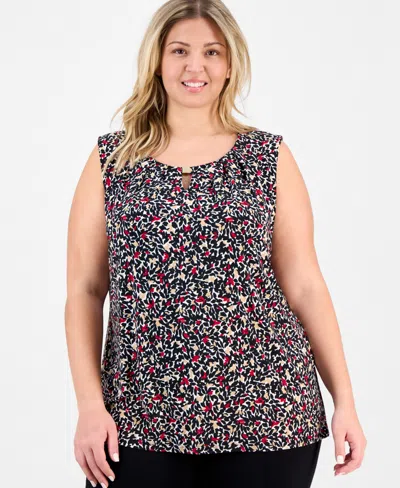 Kasper Plus Size Printed Pleat-neck Sleeveless Top In Multi