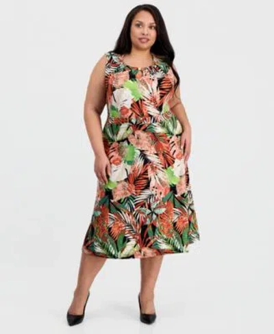 Kasper Plus Size Printed Pleat Neck Sleeveless Top Pull On Flare Midi Skirt In Multi