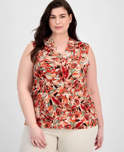 Kasper Plus Size Printed Pleat-neck Top