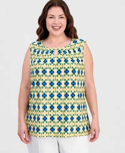 Kasper Plus Size Printed Pleat-neck Sleeveless Top In Multi