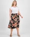 Kasper Plus Size Printed Pull-on Midi Skirt