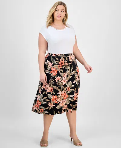 Kasper Plus Size Printed Pull-on Midi Skirt