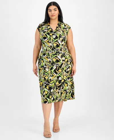 Kasper Plus Size Printed Pull-on Midi Skirt In Black Multi