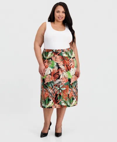 Kasper Plus Size Printed Pull-on Flare Midi Skirt In Multi