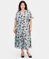 Kasper Plus Size Printed Ruffled Flutter Sleeve Blouse Printed Pull On Midi Skirt In Blue