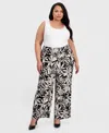 Kasper Plus Size Printed Pull-on Wide-leg Ankle Pants In Black
