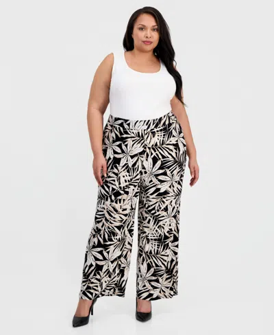 Kasper Plus Size Printed Pull-on Wide-leg Ankle Pants In Black