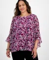 Kasper Plus Size Printed Ruffle-cuff Bell-sleeve Blouse In Pink