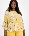 Kasper Plus Size Printed Ruffle-sleeve Blouse In Butterscotch Multi