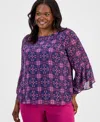 Kasper Plus Size Printed Ruffled 3/4-sleeve Top In Multi