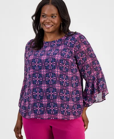 Kasper Plus Size Printed Ruffled 3/4-sleeve Top In Multi